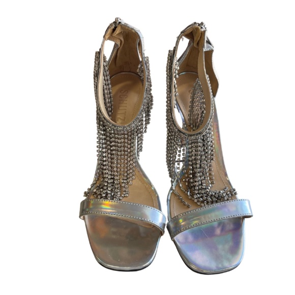Schultz 'Lory' Iridescent Silver Leather Crystal Fringe Strappy Heels 7.5 - Picture 2 of 8